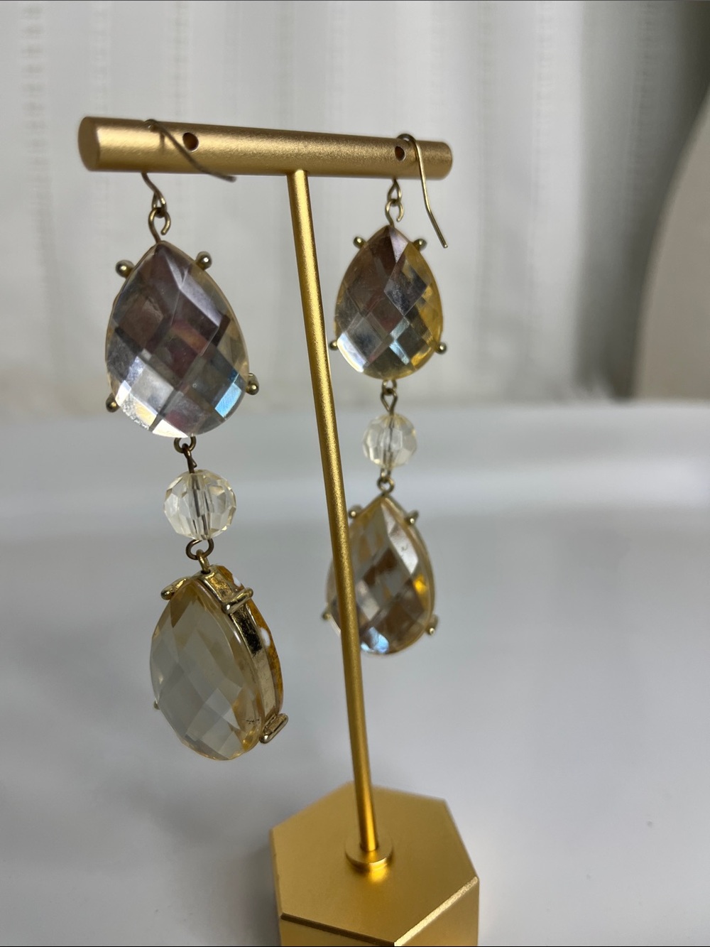 Gold-Tone Brown Stone 2-Sided Teardrop Crystal Dangle Earrings - Picture 4 of 8